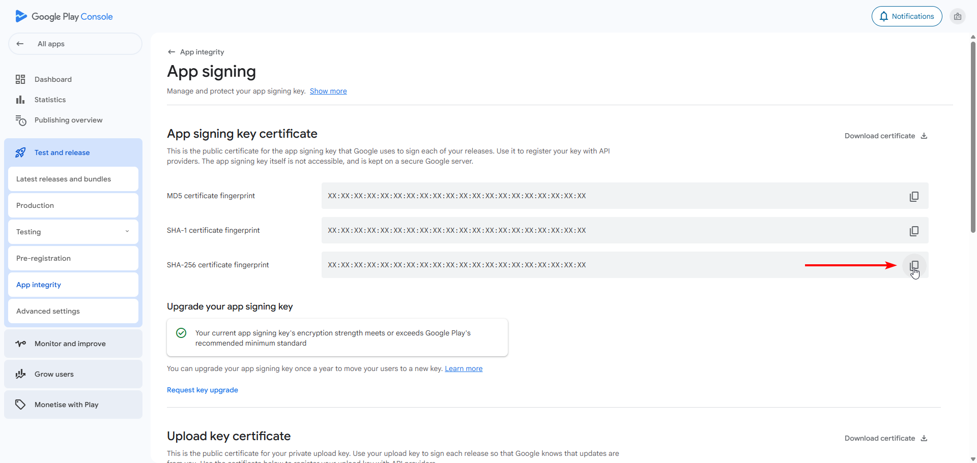 App signing certificate SHA-256