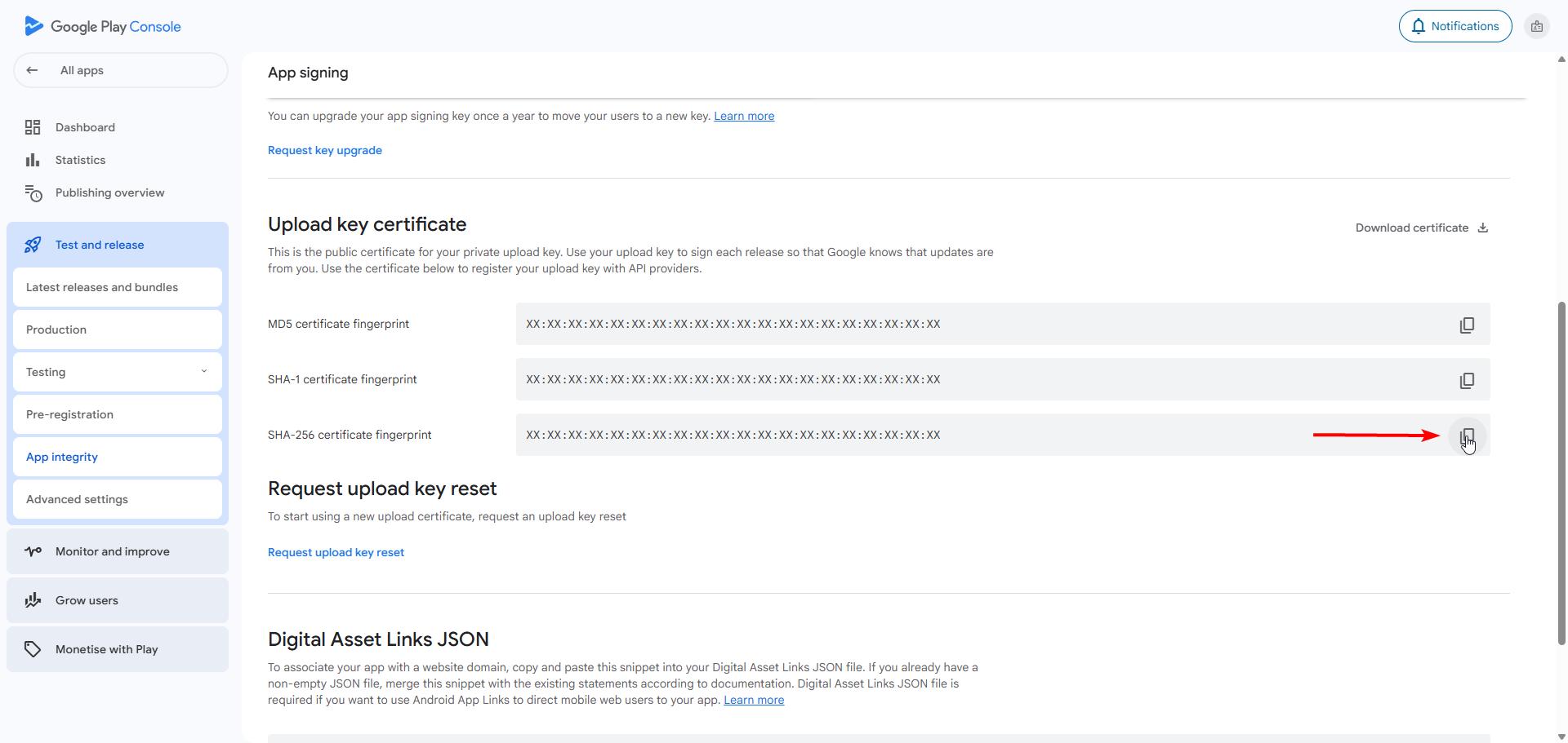 Upload certificate SHA-256